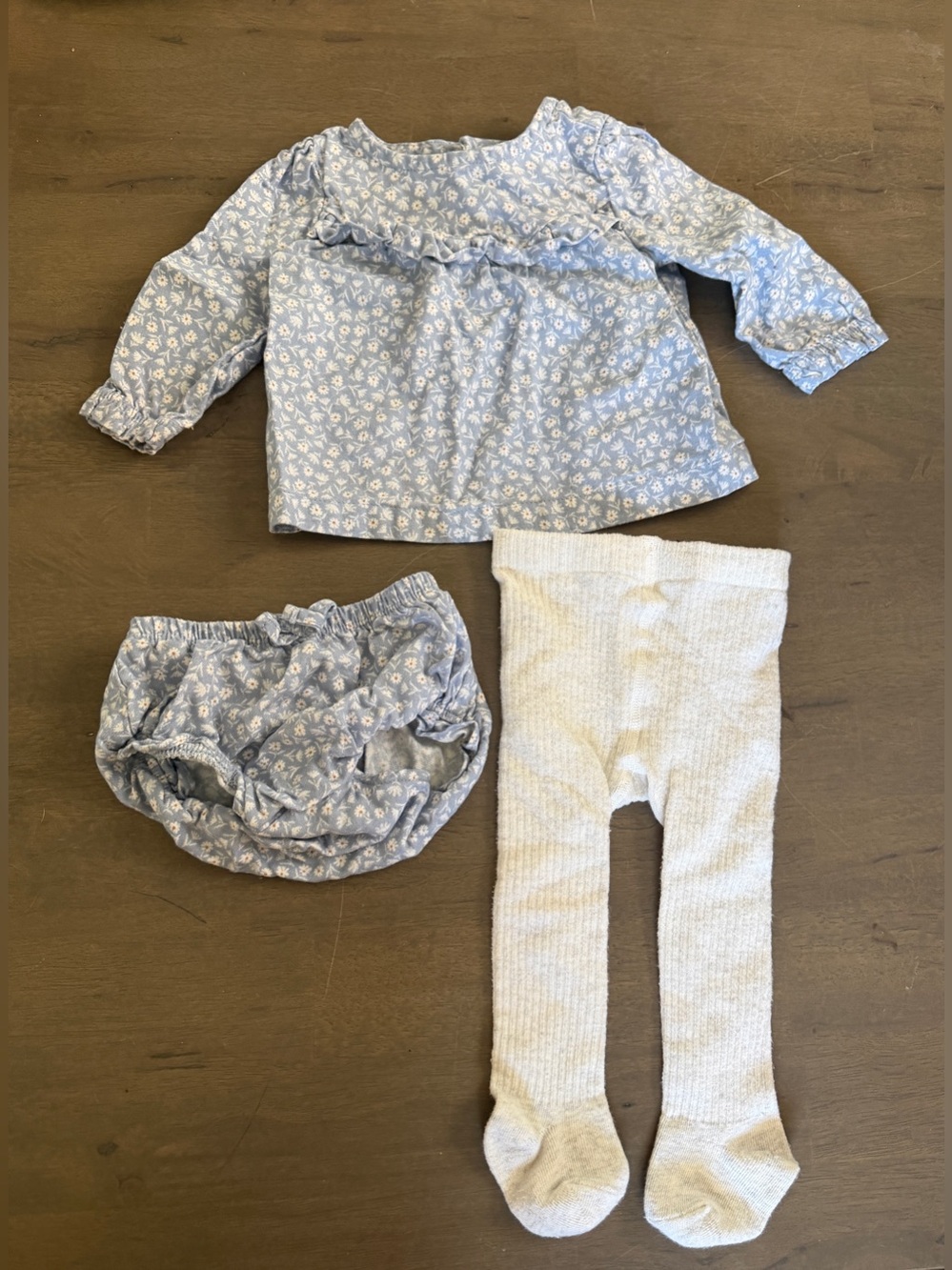 Carters 3pc Blue Floral Baby Top, Bloomers & Cream Tights Set